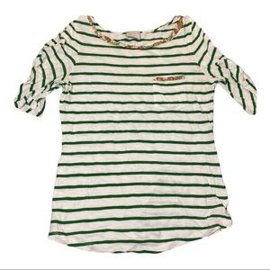 Anthropologie Postmark 3/4 Ruffled Sleeve Striped Top with Floral Neck